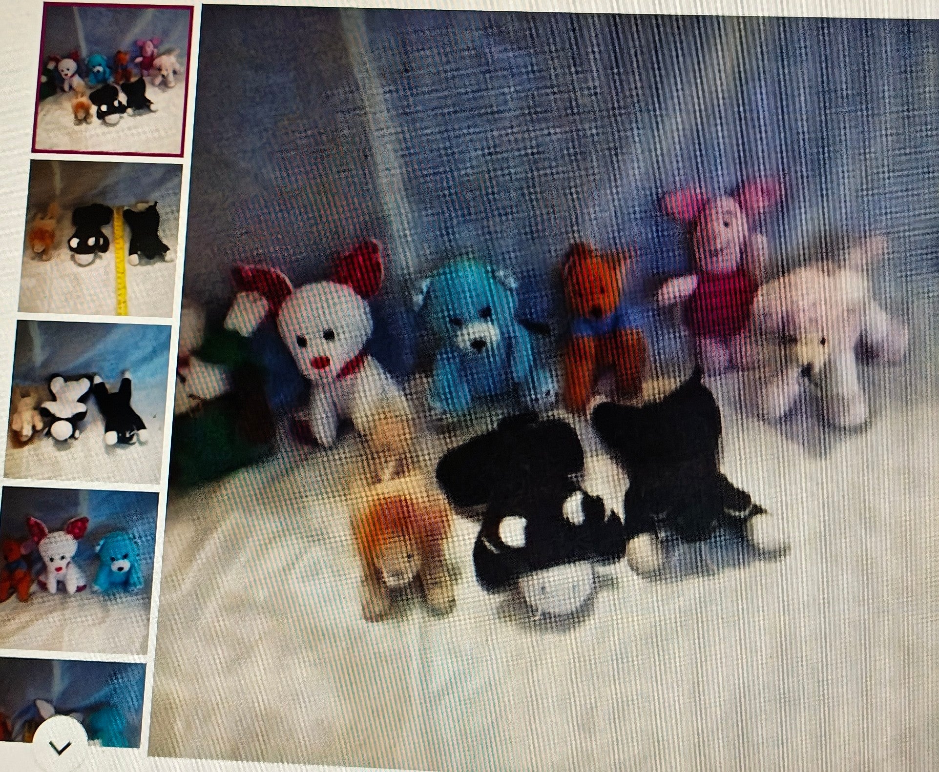 Collection of small stuffed animals on a textured surface with close-up insets.