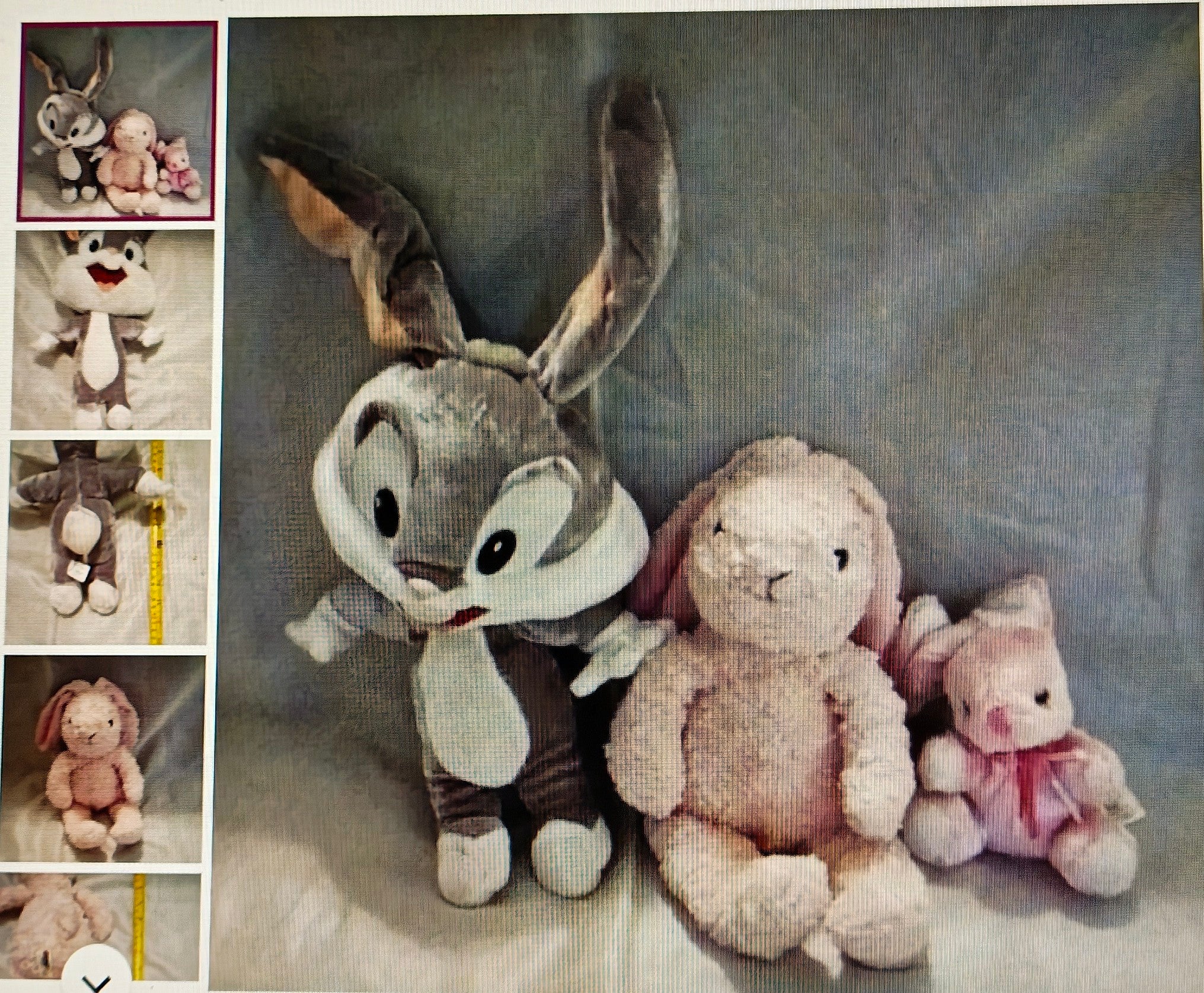 Plush toys including a rabbit, bear, and piglet on a textured surface with inset images showing different angles.