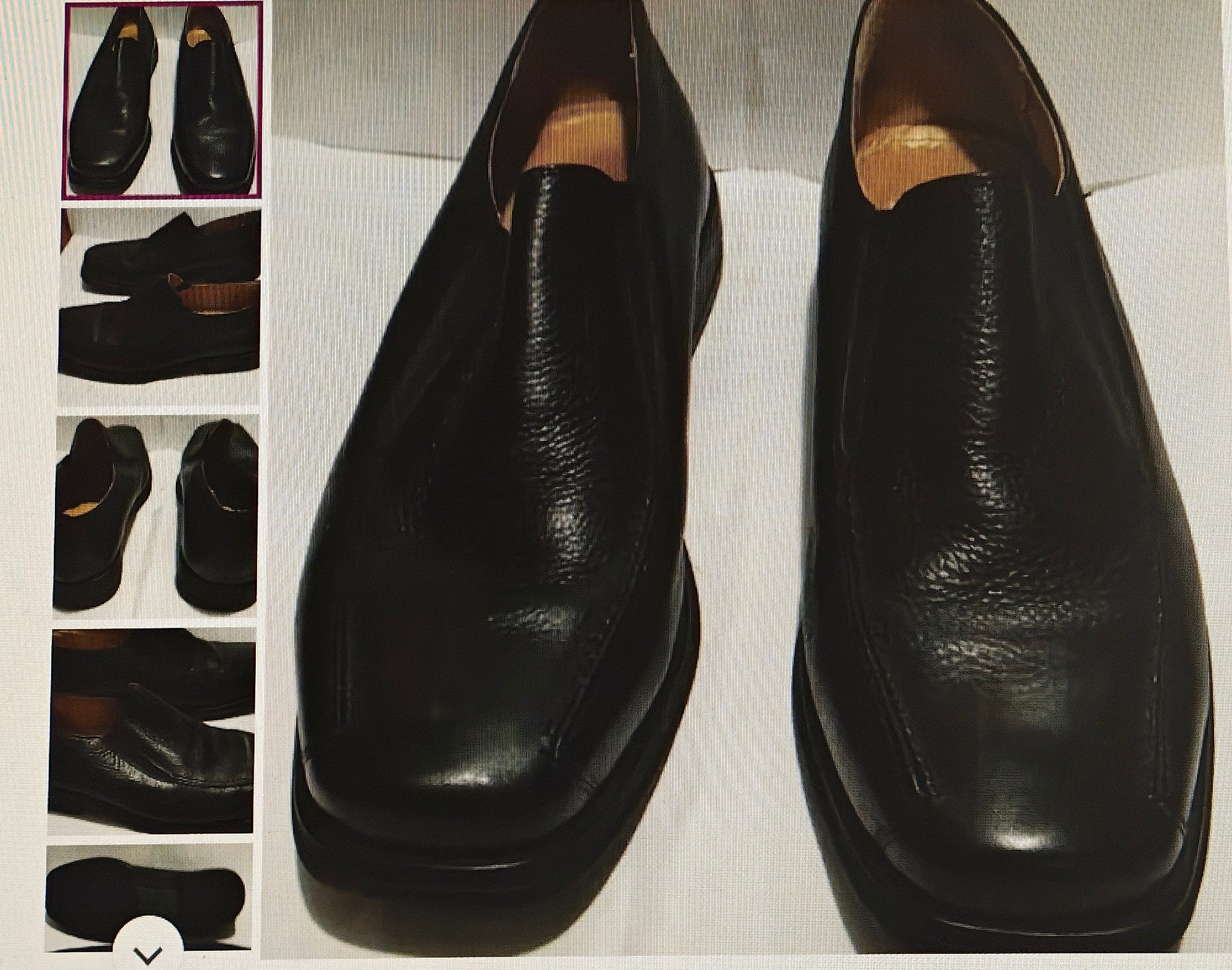 Pair of black leather shoes on a white background with inset images showing different angles.