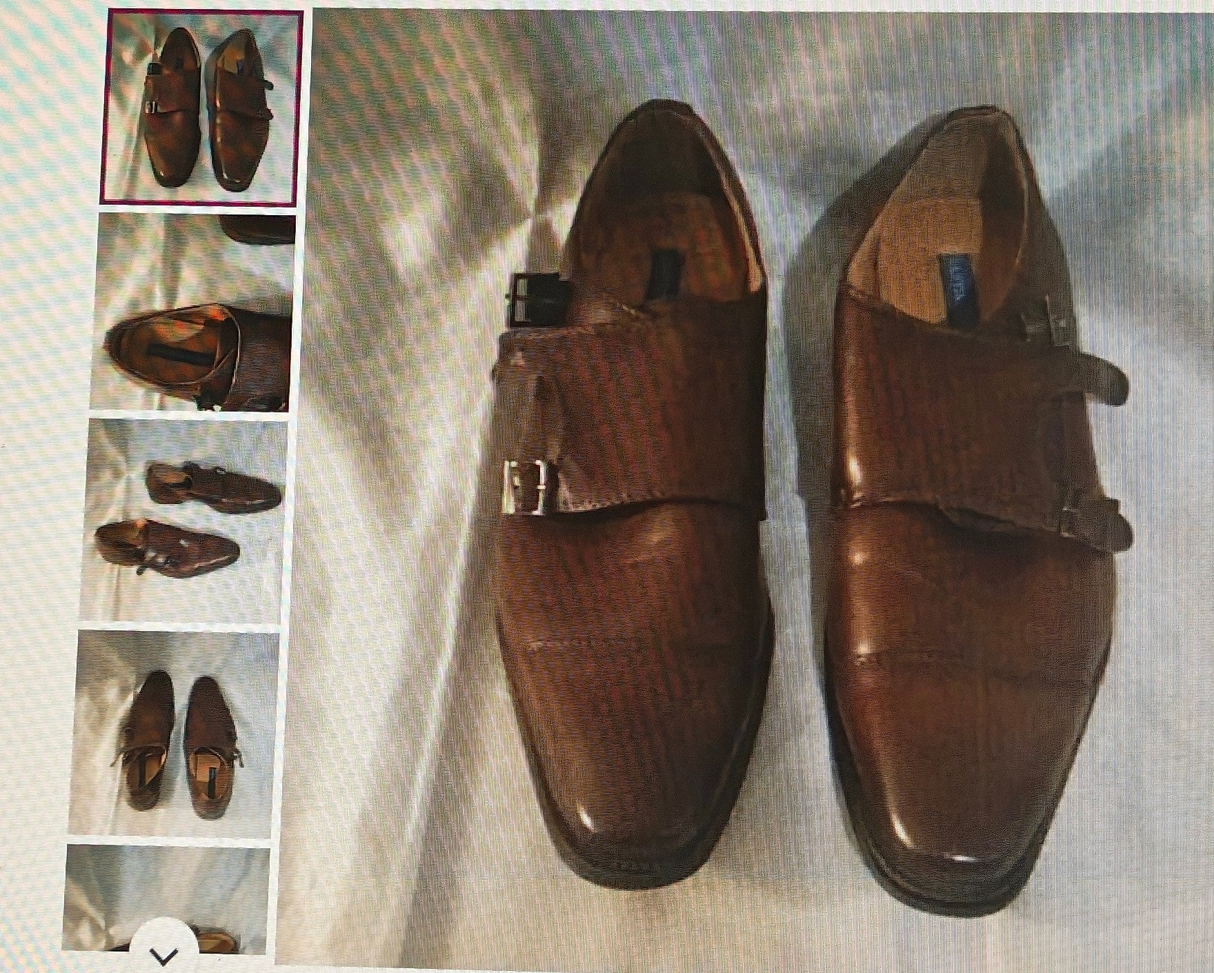 Brown dress shoes with buckles on a textured surface, surrounded by smaller images of the shoes.