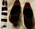 Pair of brown shoes on a textured surface with inset images showing different angles.