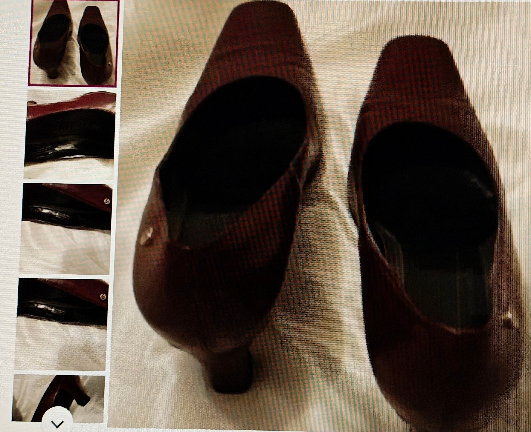 Pair of brown shoes on a textured surface with inset images showing different angles.