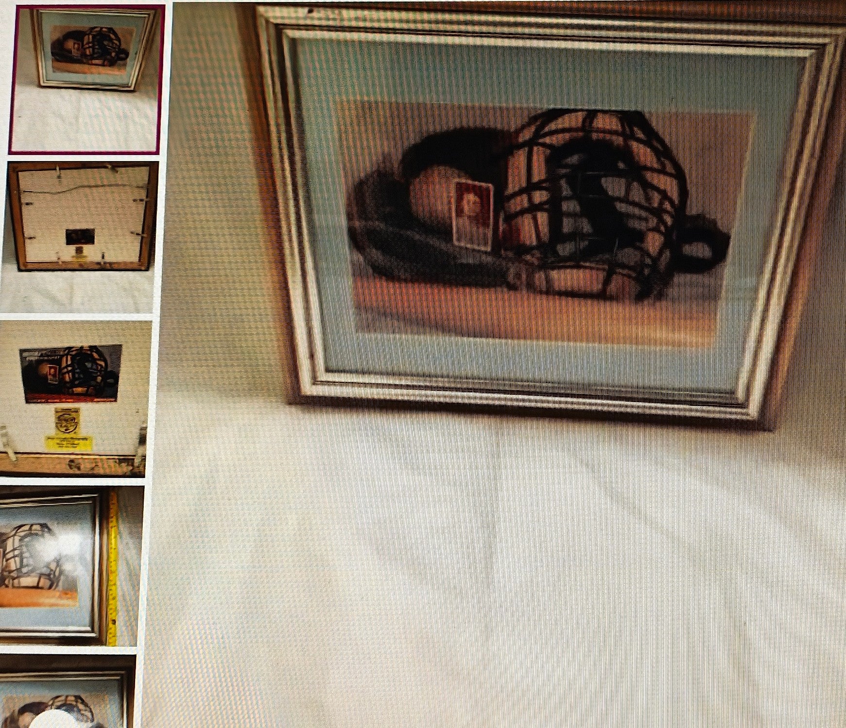 Framed picture of a cat with a cage on a textured wall