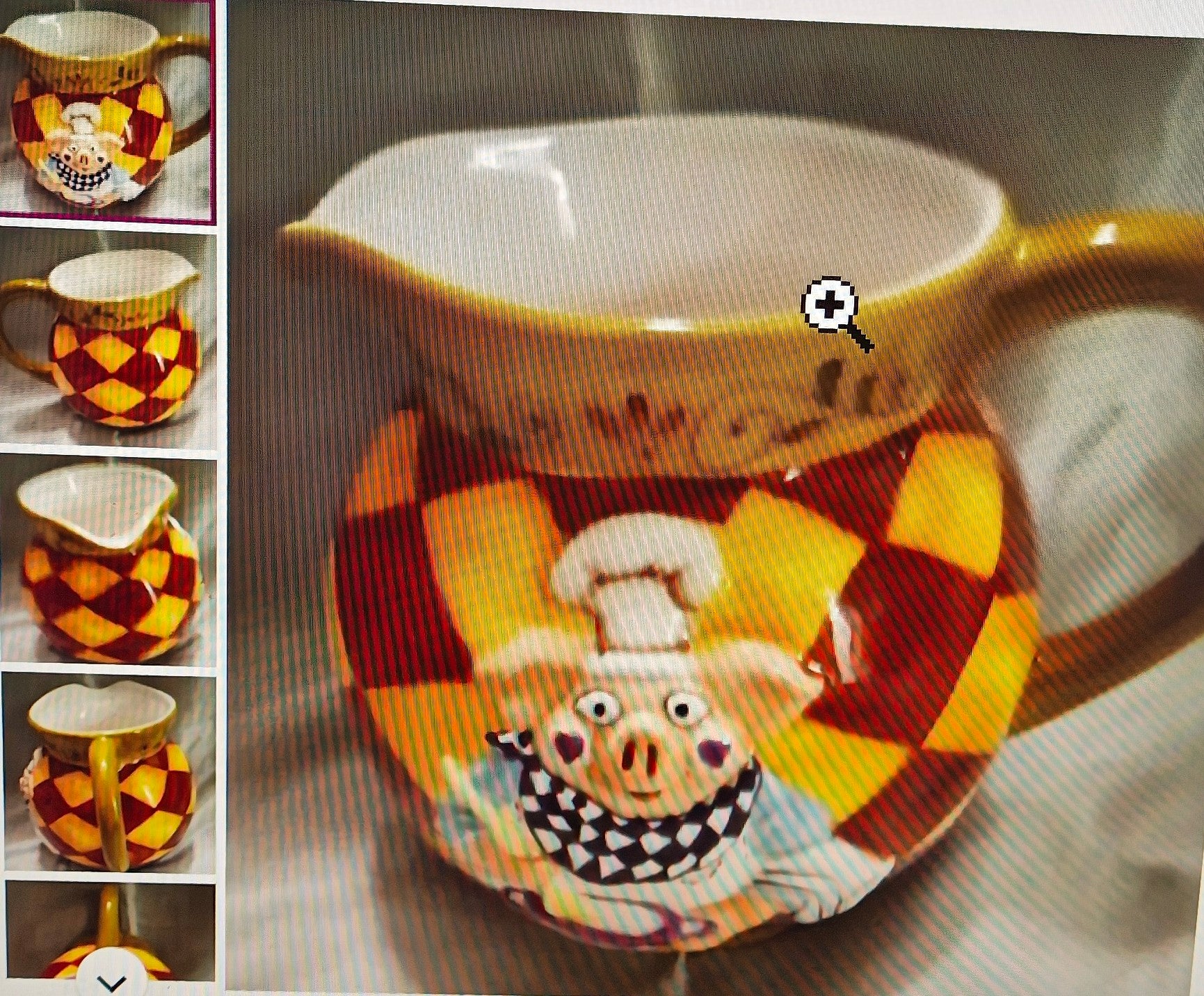 Decorative mug with cartoon pig design on a reflective surface