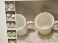 White ceramic teacup on a striped fabric background with inset images of similar cups.