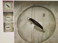 Metallic lid with a handle on a metallic surface, with inset images showing close-up details.