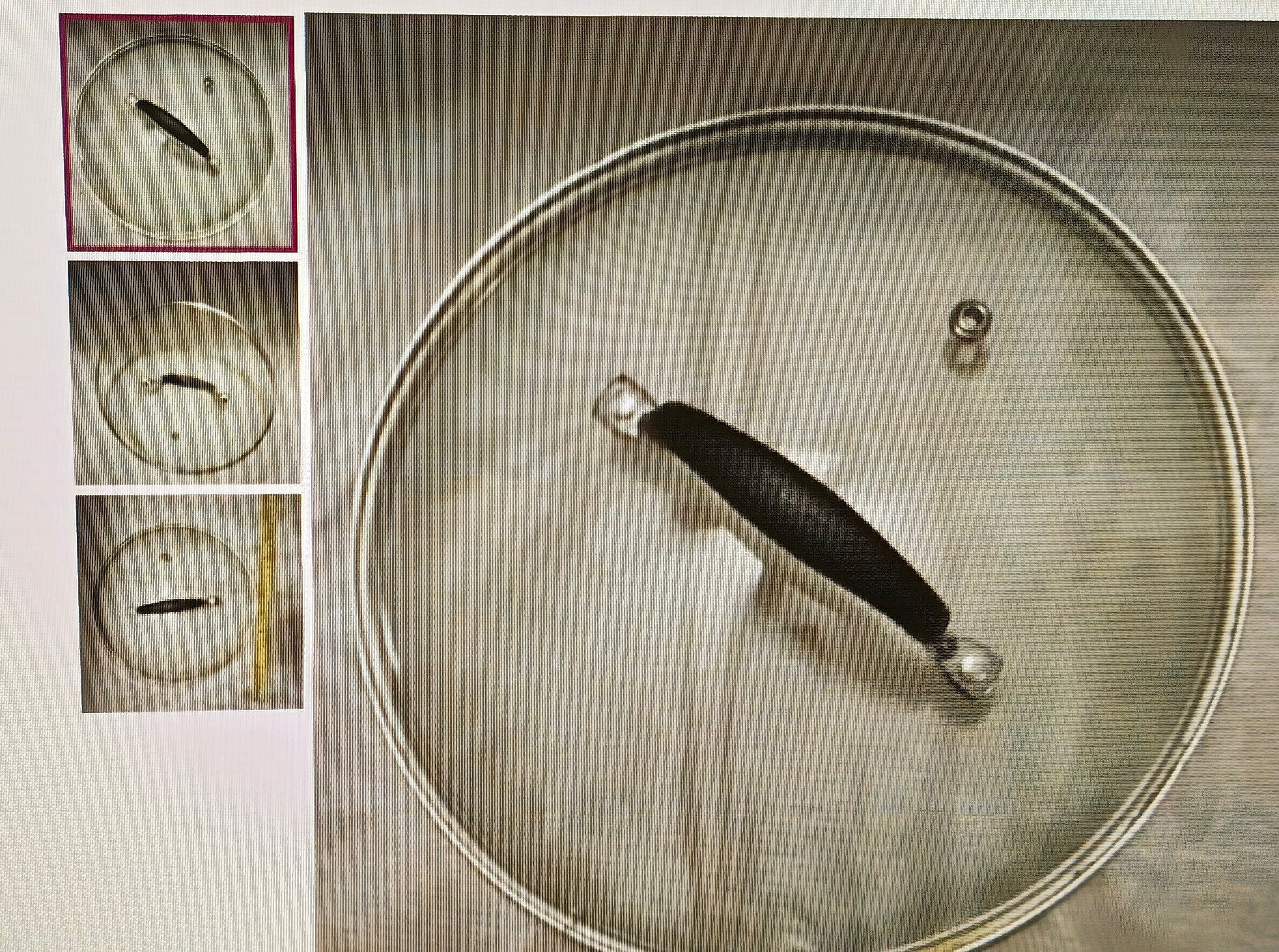 Metallic lid with a handle on a metallic surface, with inset images showing close-up details.