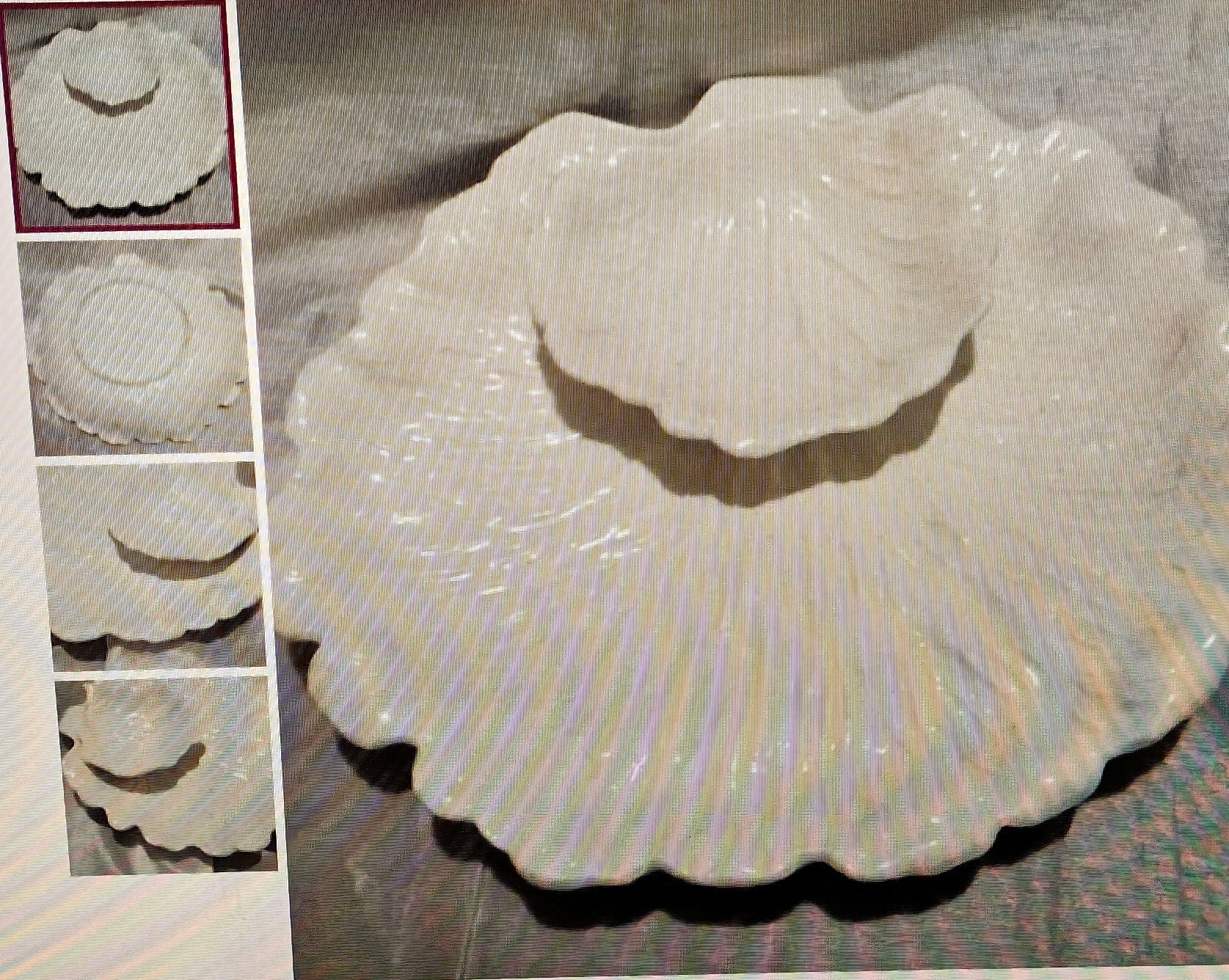 White ceramic shell-shaped dish on a textured surface with close-up insets showing detailed texture.