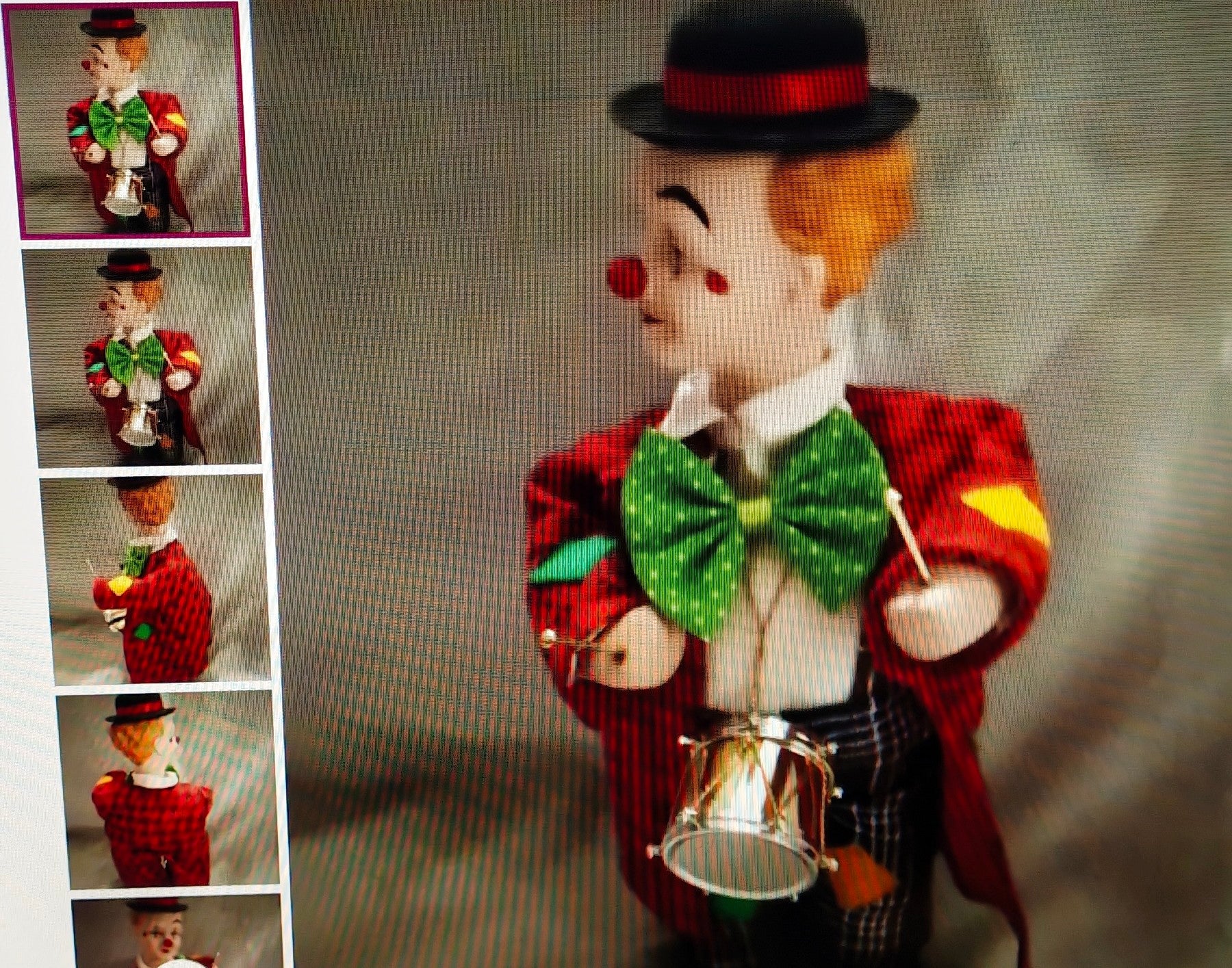 Circus clown figurine with a green bow tie and red outfit, surrounded by smaller images of the same figurine.