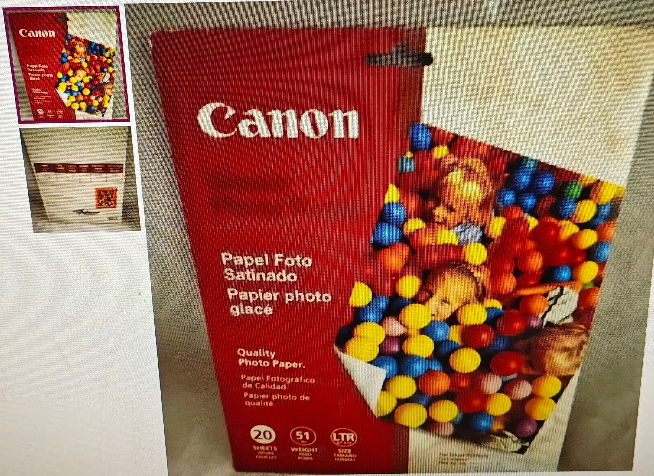 Canon photo paper packaging with colorful design and text
