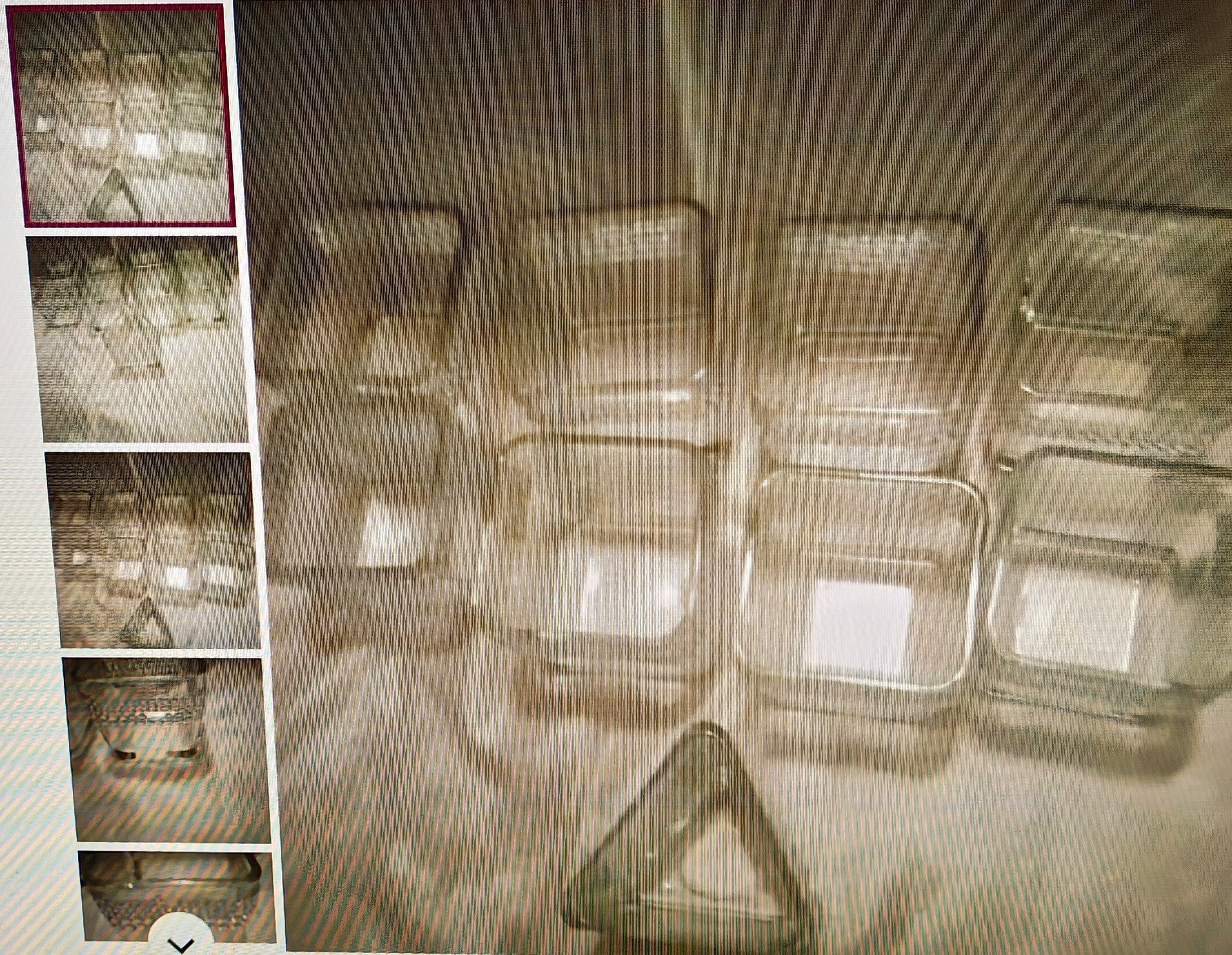Clear plastic containers on a reflective surface with multiple views shown.