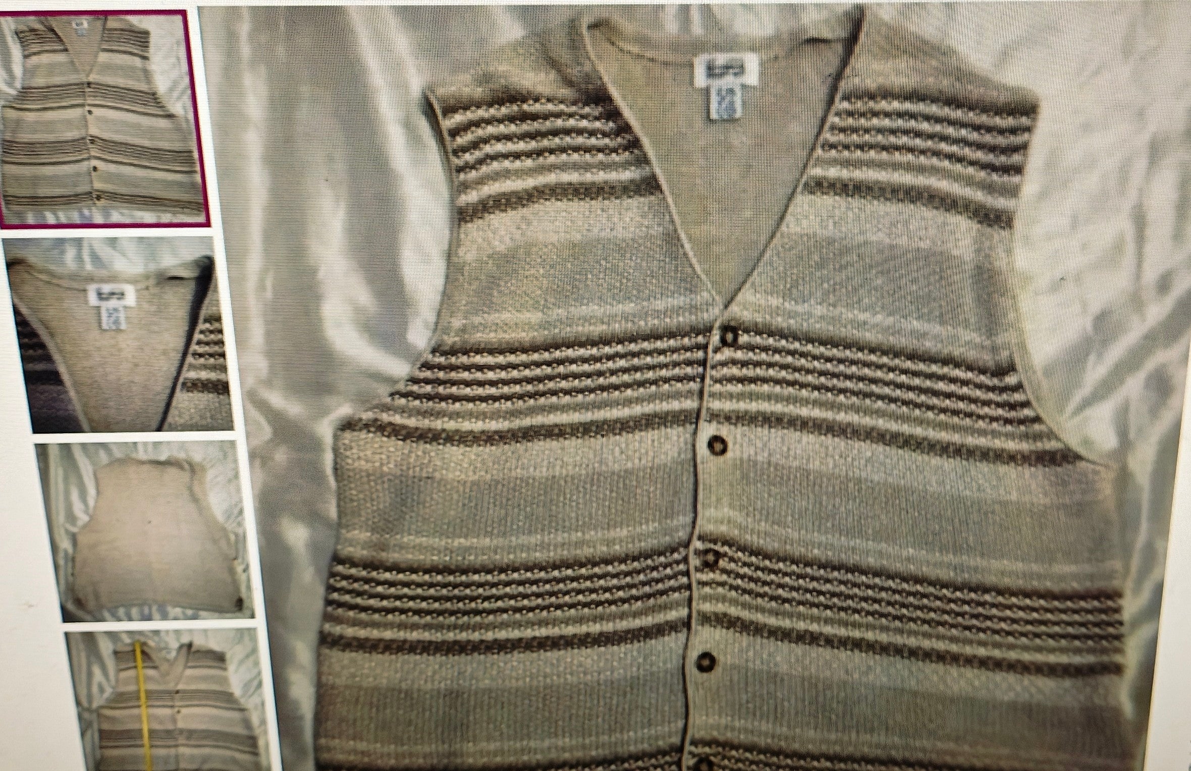 Striped sweater vest on a light gray background with close-up insets showing details.
