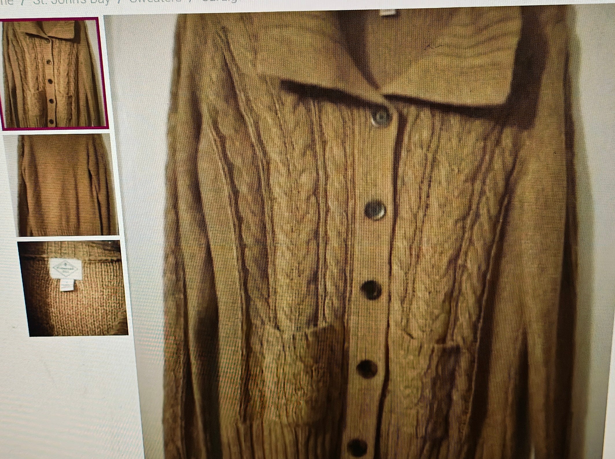 Brown textured coat with button details on a white background