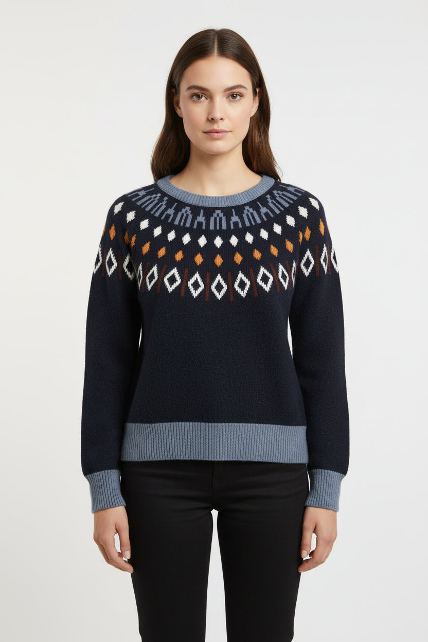 Women's Acrylic lng sleeves sweater blue with geometric size Small 4-6 university style