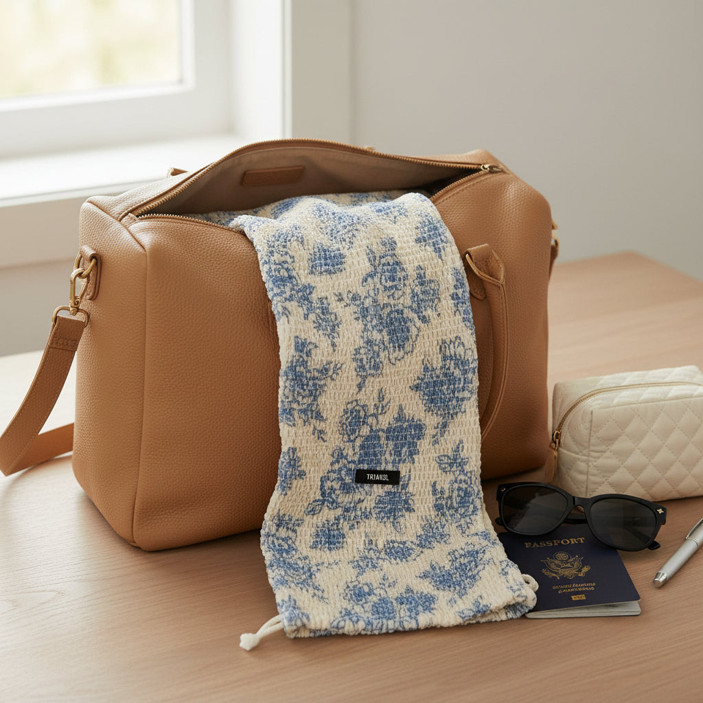 Triangle draw string bag light blue/white