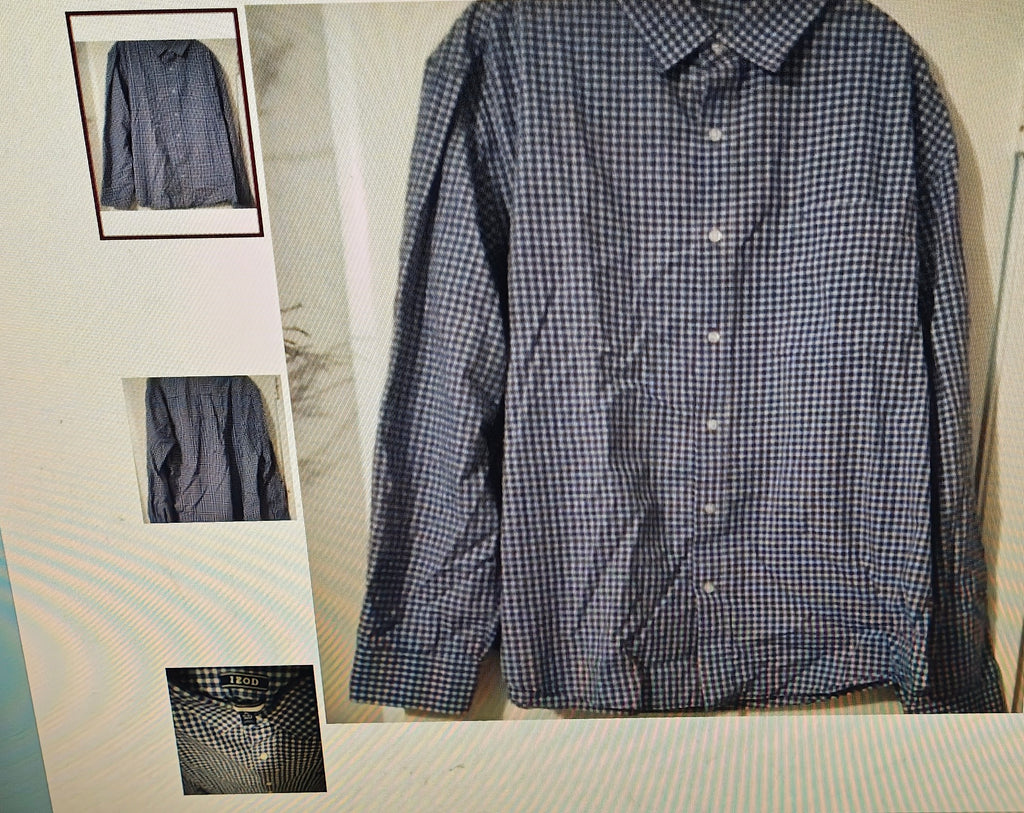 Blue checkered shirt on a bed with smaller images of the shirt on a wall.