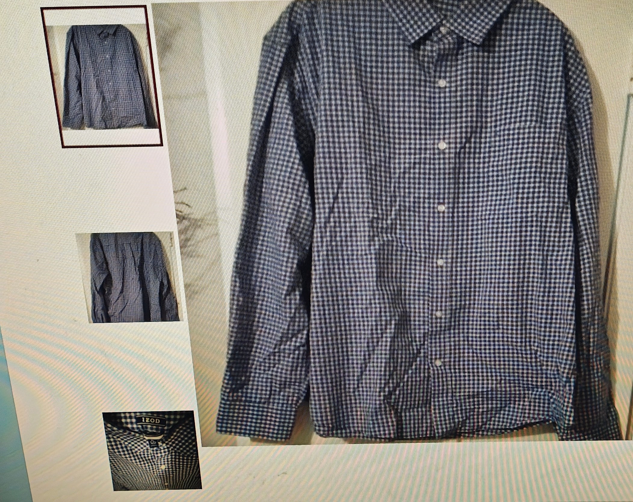 Blue checkered shirt on a bed with smaller images of the shirt on a wall.