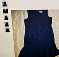 Navy blue sleeveless dress on a textured surface with inset images showing different angles.