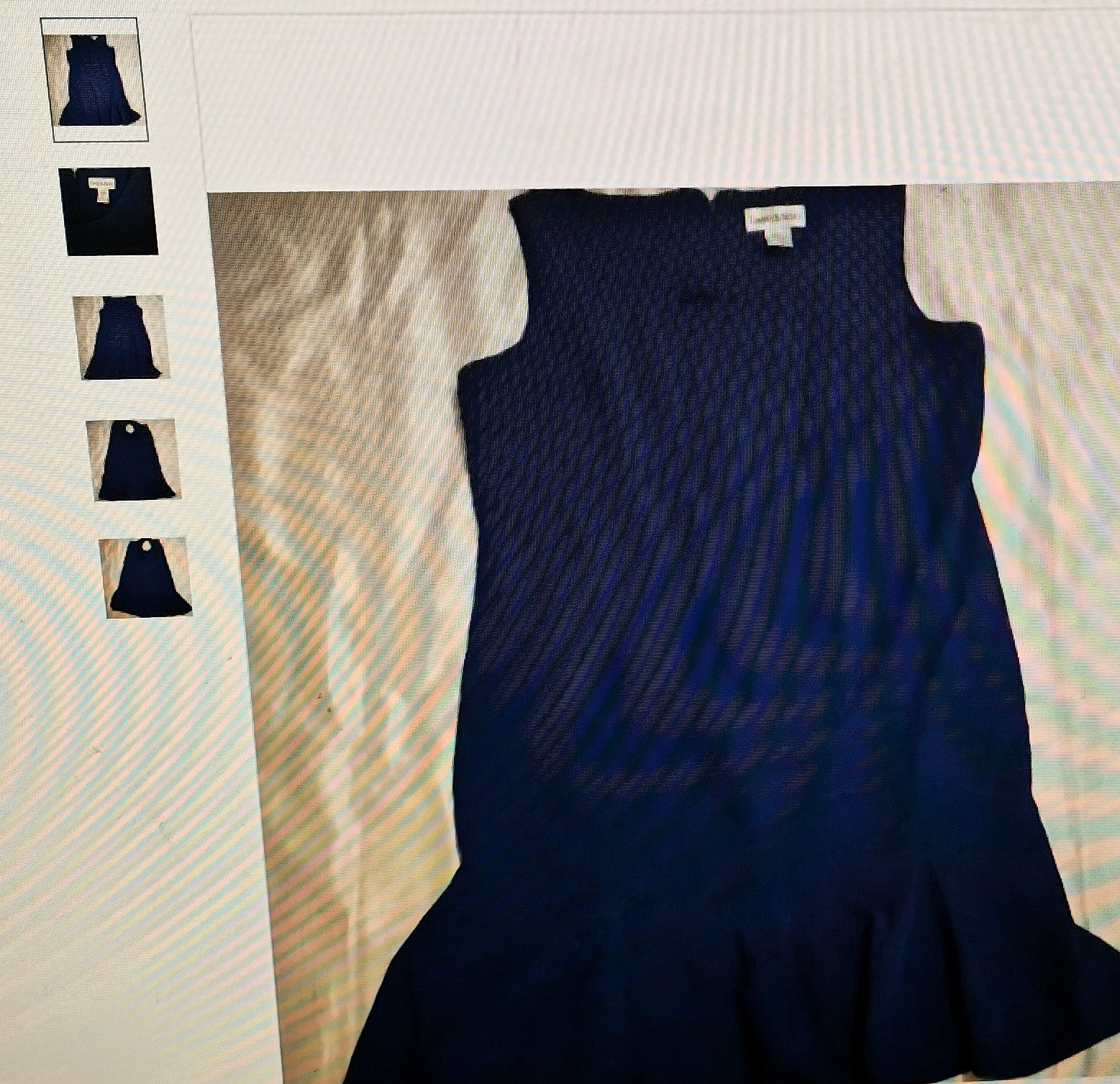 Navy blue sleeveless dress on a textured surface with inset images showing different angles.