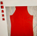 Red tank top on a textured surface with inset images showing different angles.