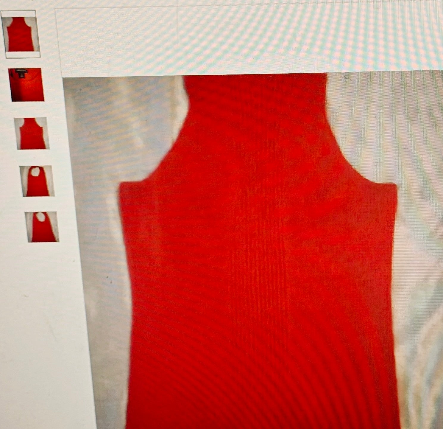 Red tank top on a textured surface with inset images showing different angles.