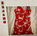 Red floral dress with a blurred background