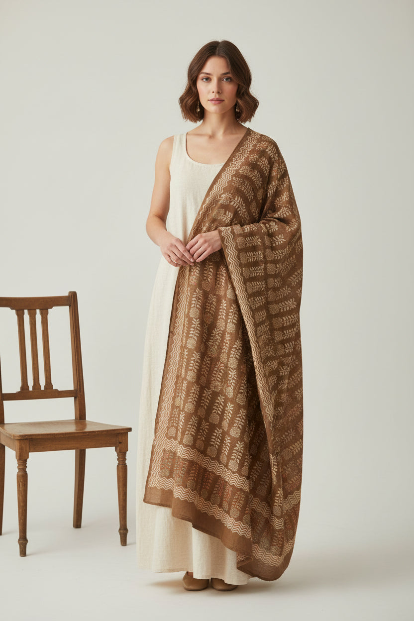 Bajra Wrap Silk Scarf Handmade In Nepal 68"L 39"W Chic Brown Patterned
