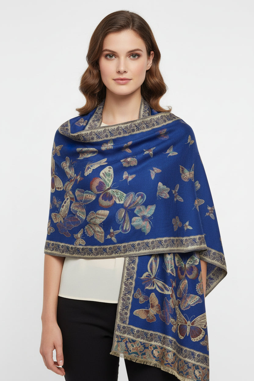 Butterfly Motif Blue Women Scarf 68"L 26"W