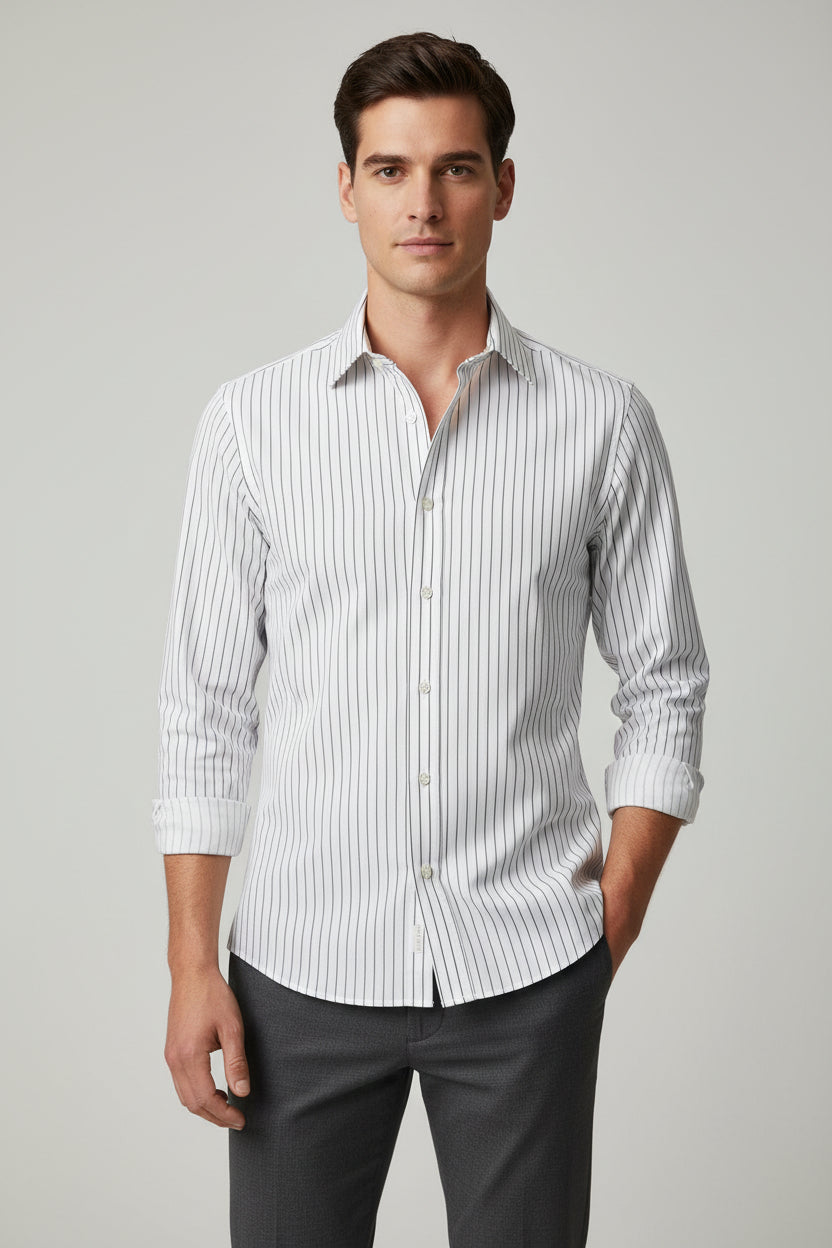 Gold Label Roundtree & Yorke Fitted men white stripe shirt 17/35 business style