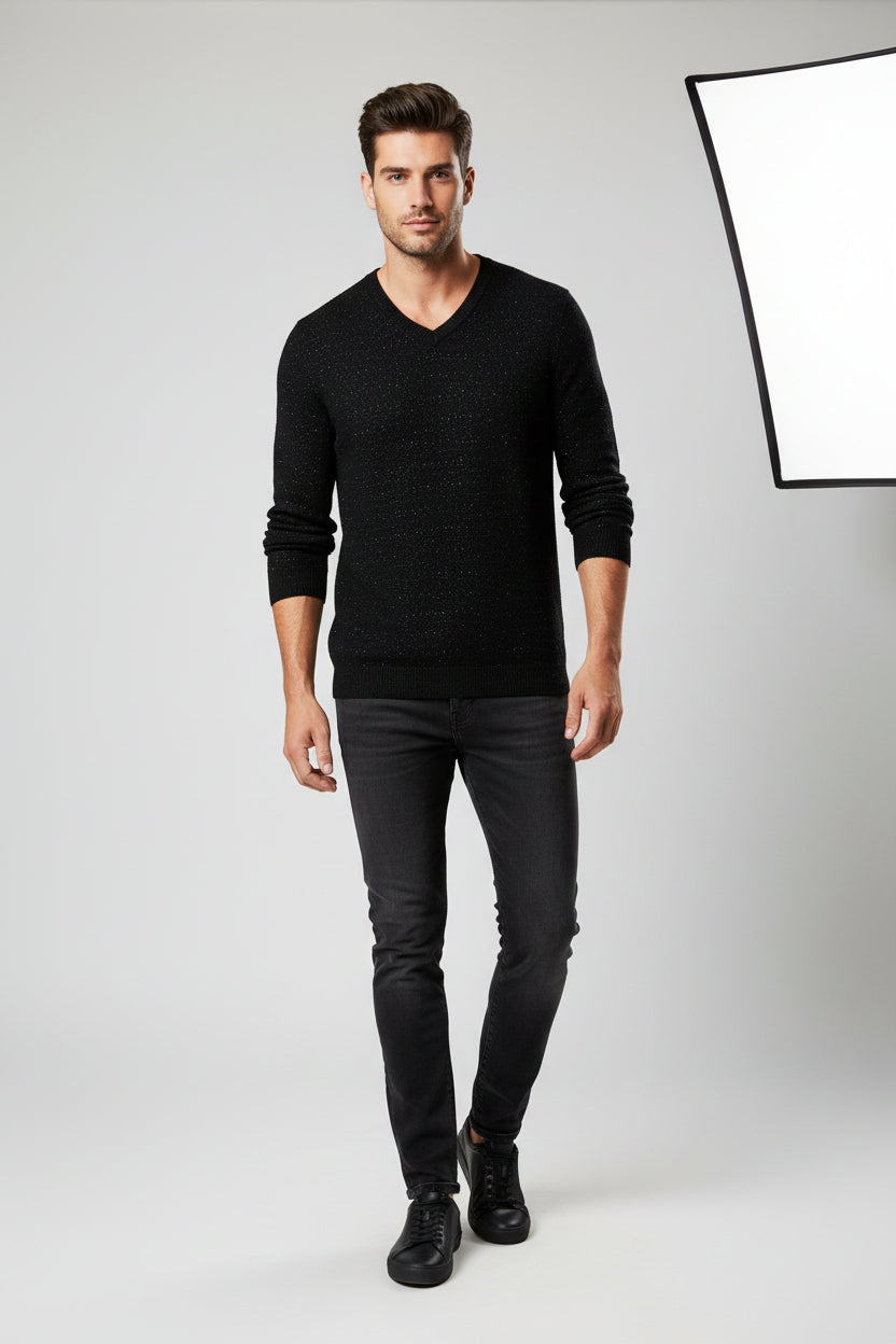 Alan Flusser Long Sleeves V-Neck Black Sweater for Men Size XL