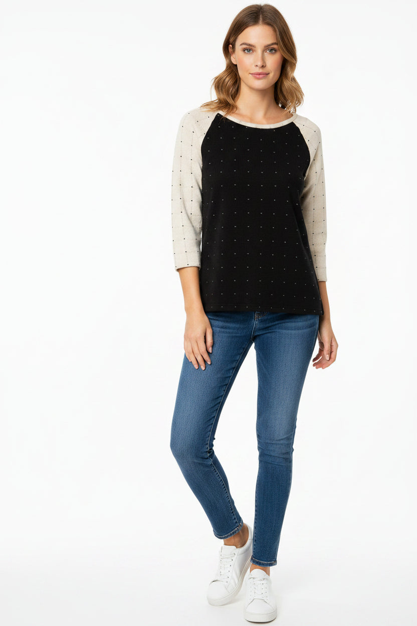 Wmen's Loft outlet lounge size small sweater cream black geometric design babydoll roundneck