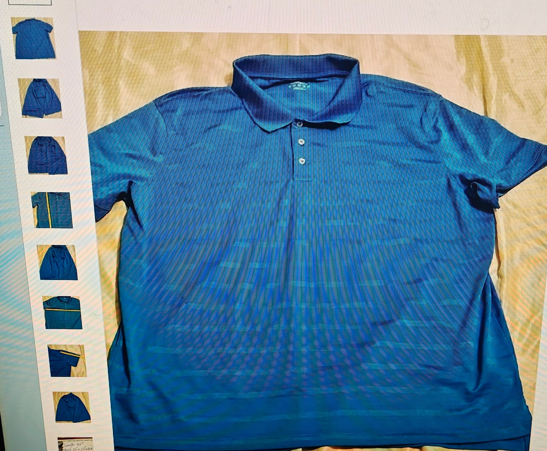 Blue polo shirt with a pattern on a beige surface