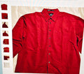 Red button-up shirt on a white background with multiple views shown.