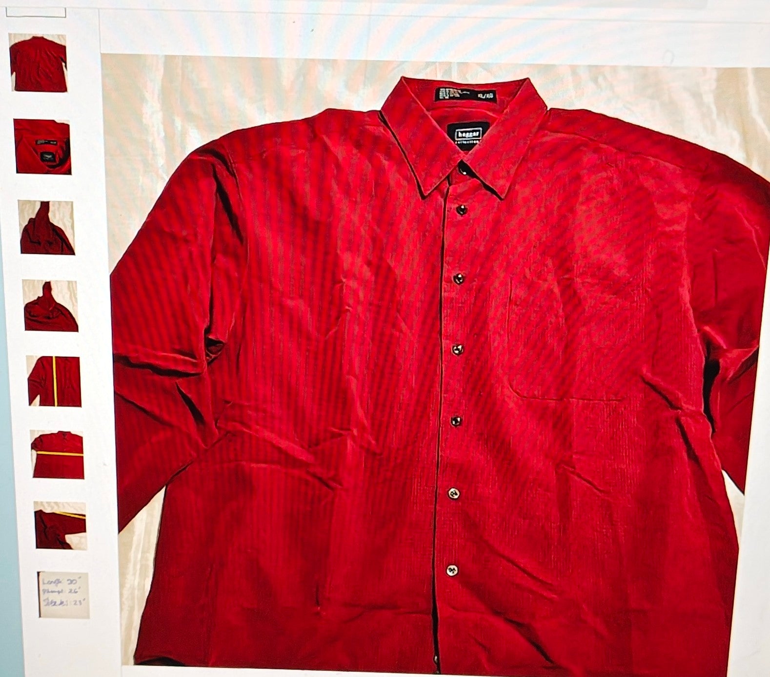 Red button-up shirt on a white background with multiple views shown.
