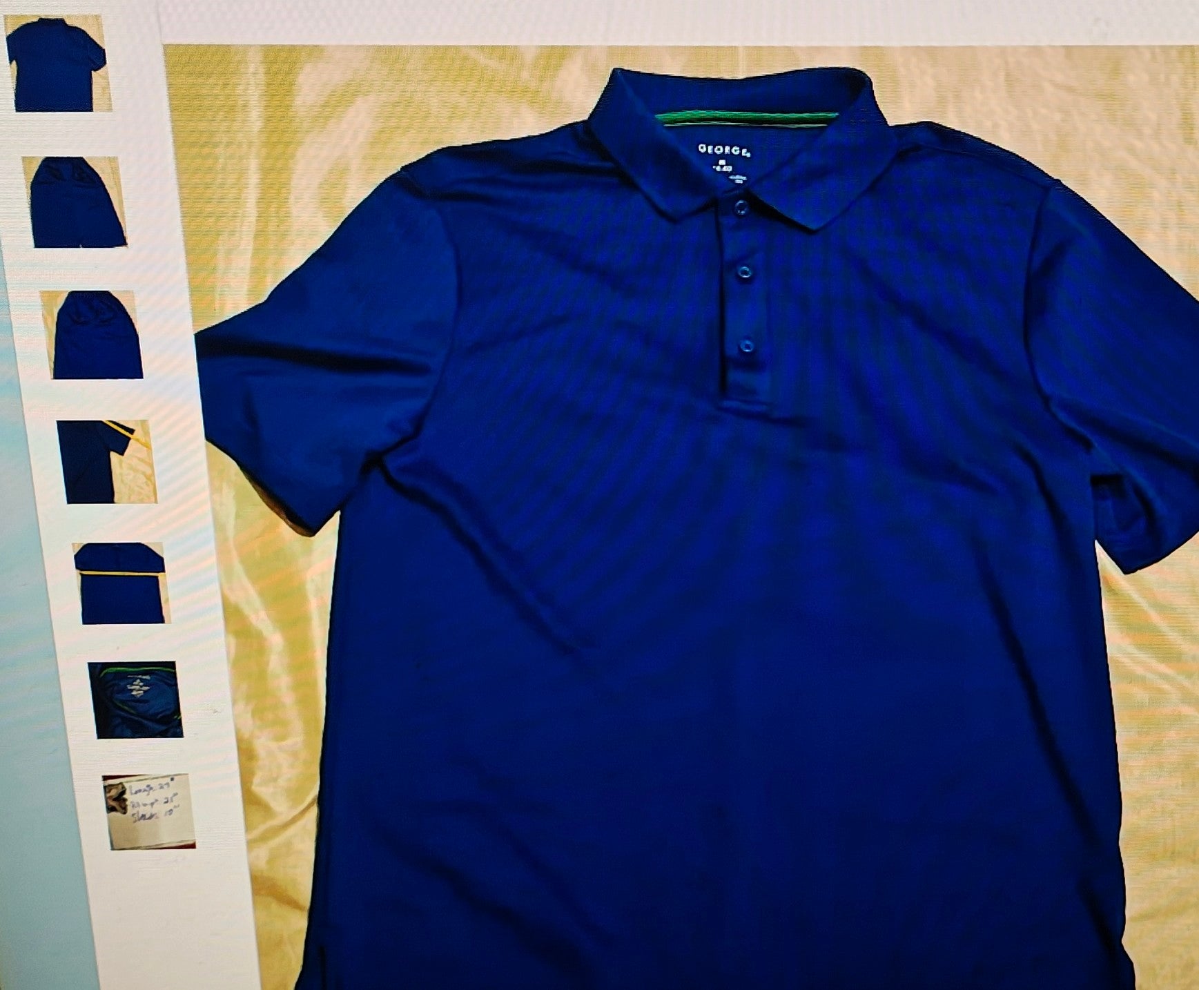 Blue polo shirt on a yellow surface with a ladder in the background