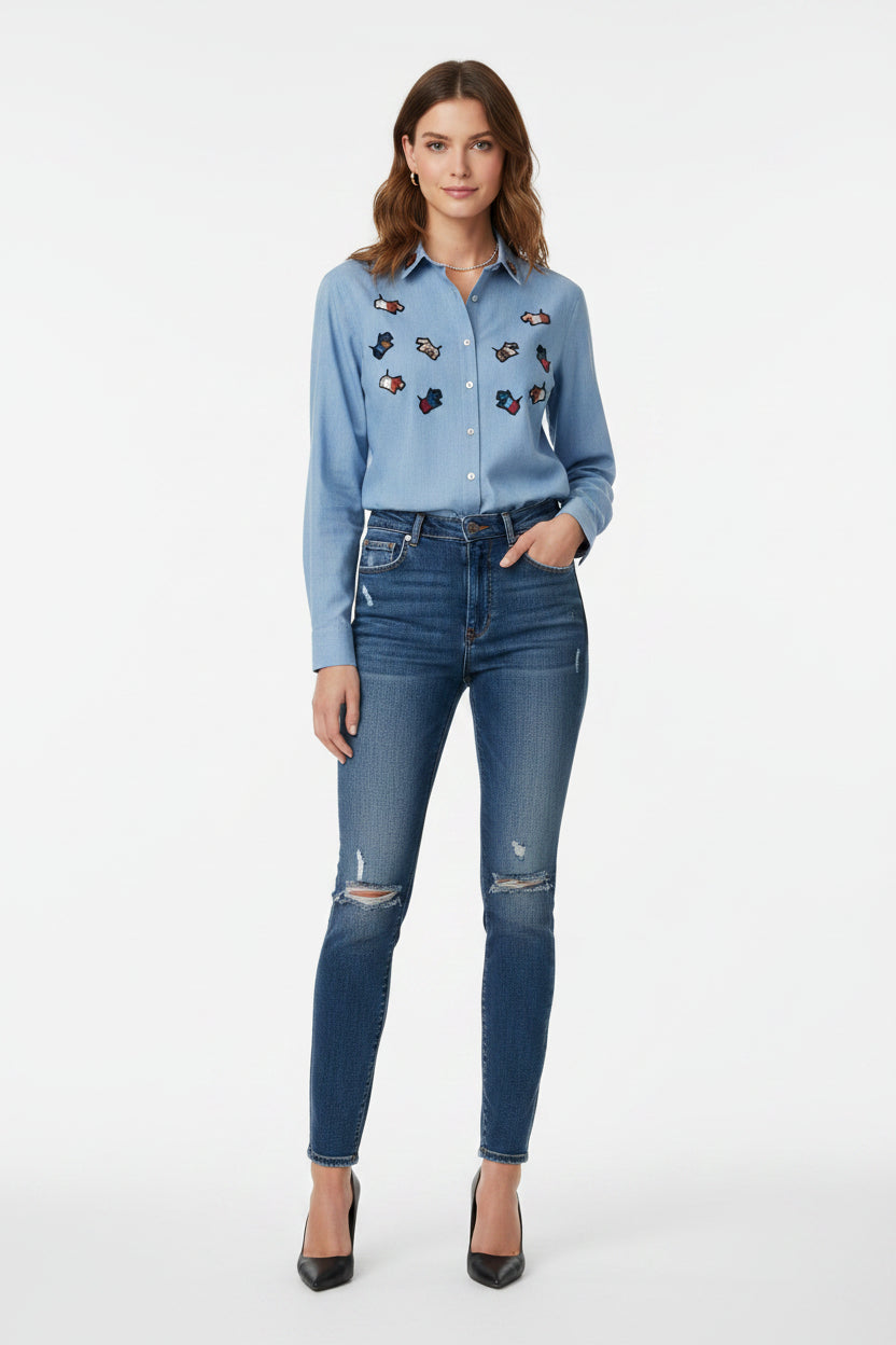 Women's Solutions shirt Scottie dog denim blouse size M cotton blokecore