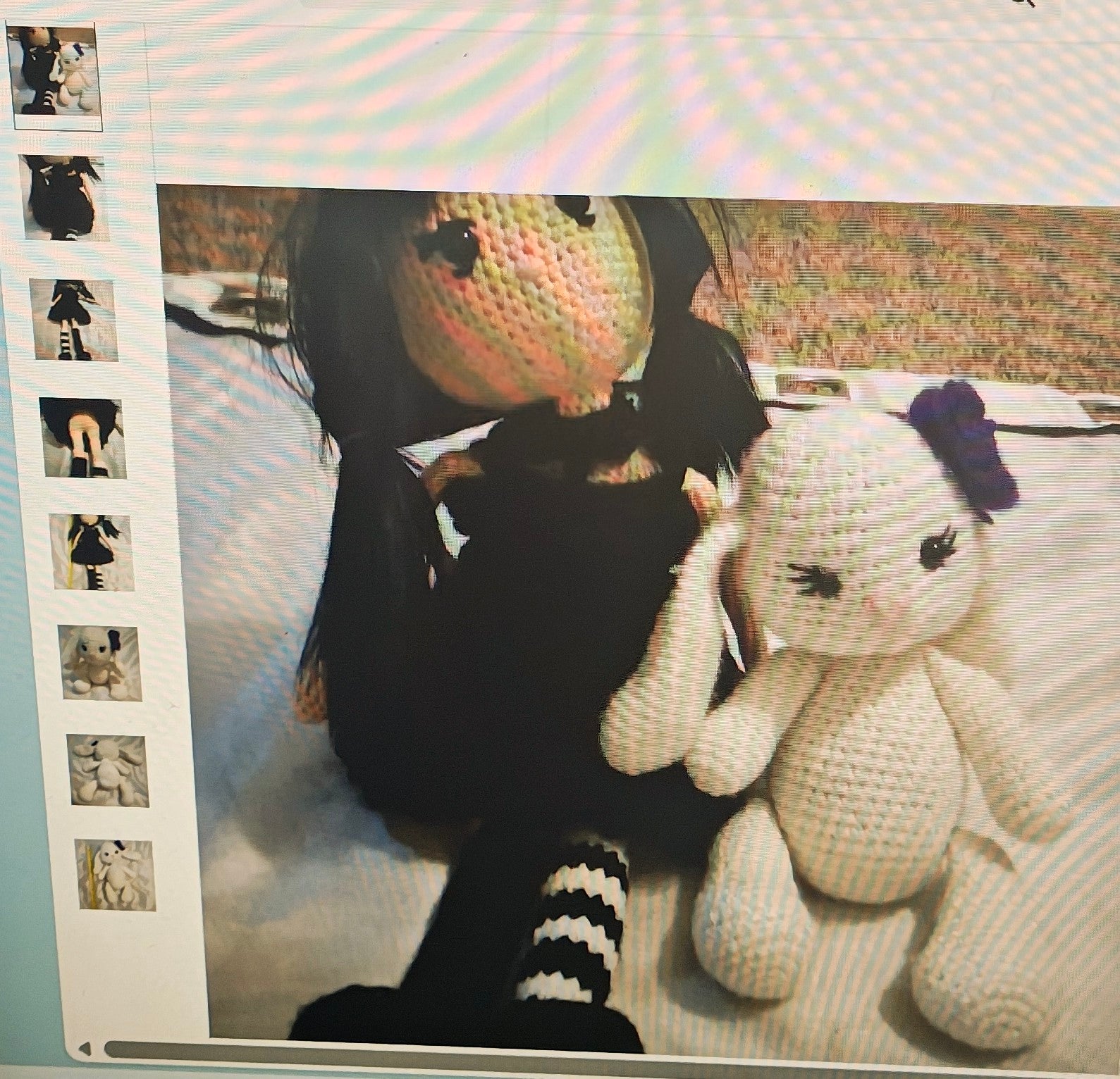 Two handmade crochet-doll and white poodle w/purple flower blk outfit pink complxion