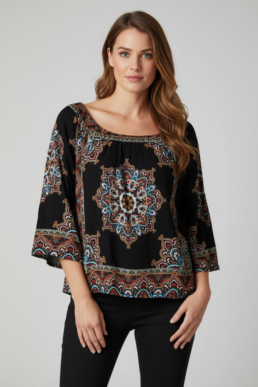 Merake women's top 3/4 sleeves size L multicolor whimsical grunge boho goth