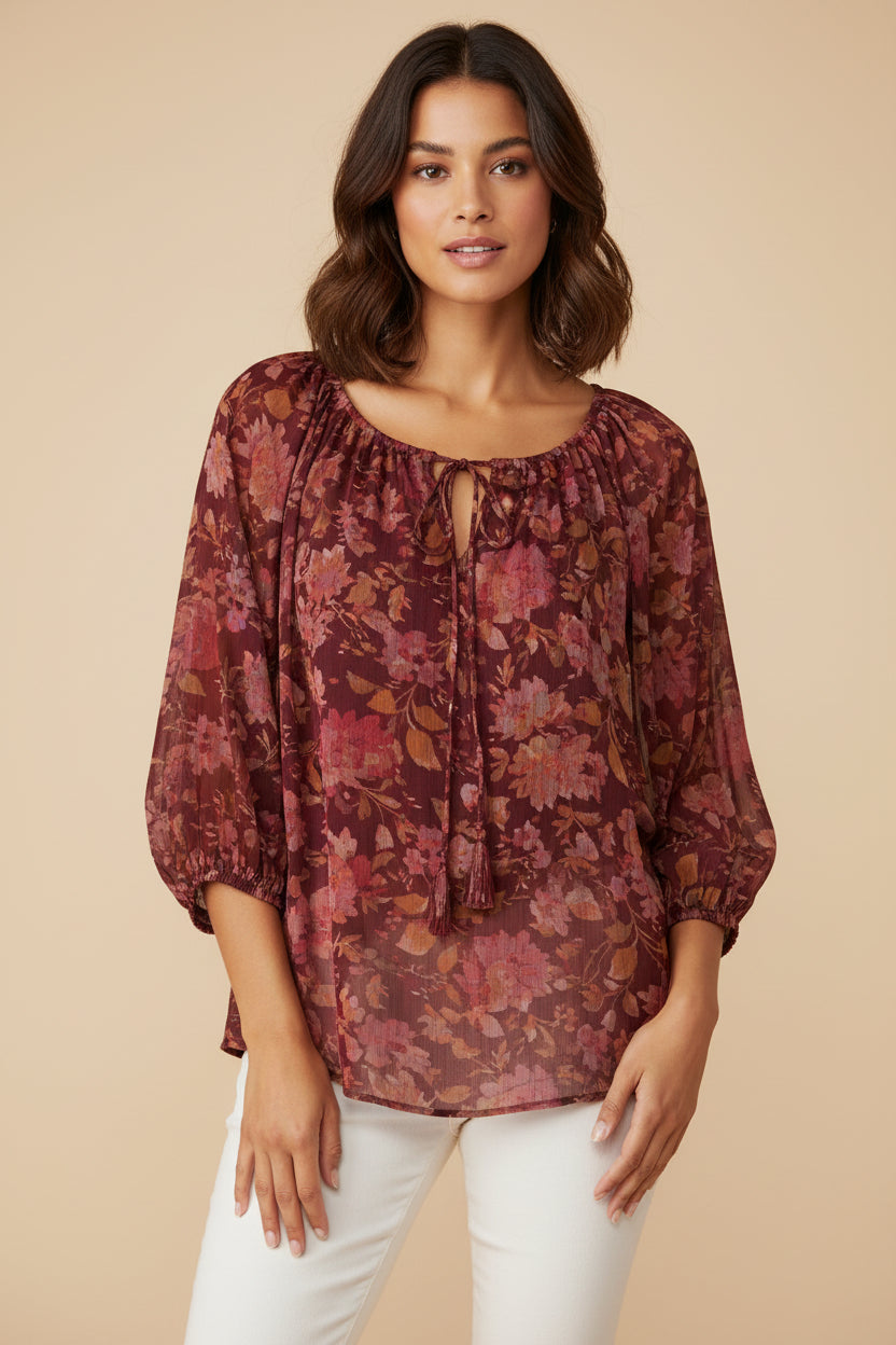 Loft women's top burgundy shade size M pullover with string tie whimsical work wear
