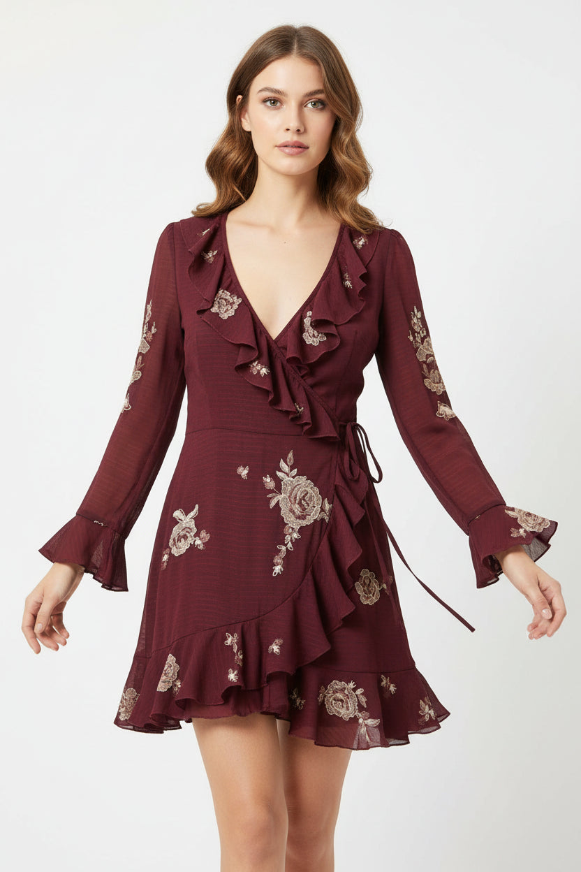 asos Design women's dress size 12 brownish long sleeves embroidered milkmaid