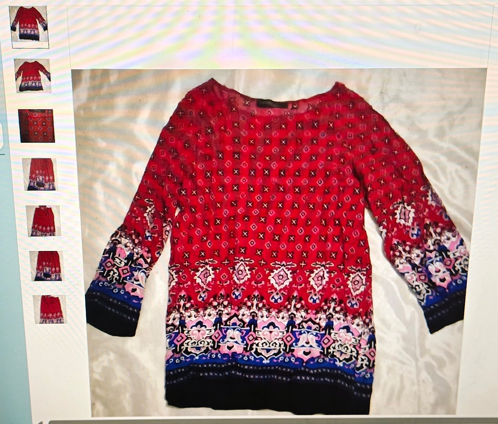 Red patterned dress on a white background with inset images showing different angles.