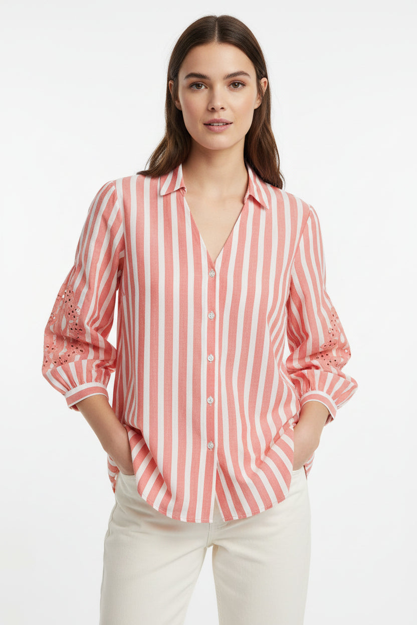 St John's Bay women's top pink/white stripes size L cottage boho romantic wear