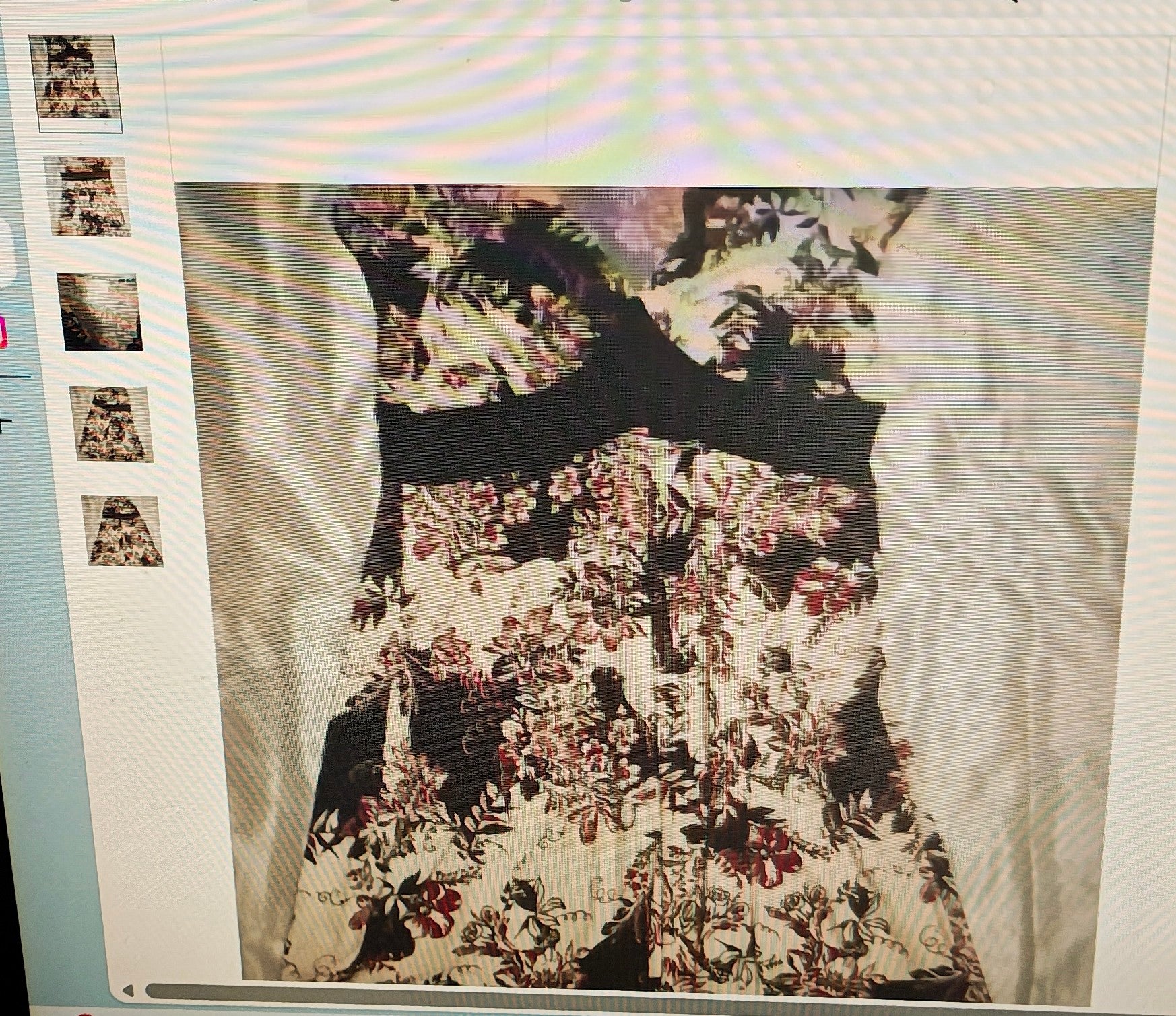 Floral dress on a light background with small images of the dress on the left side.