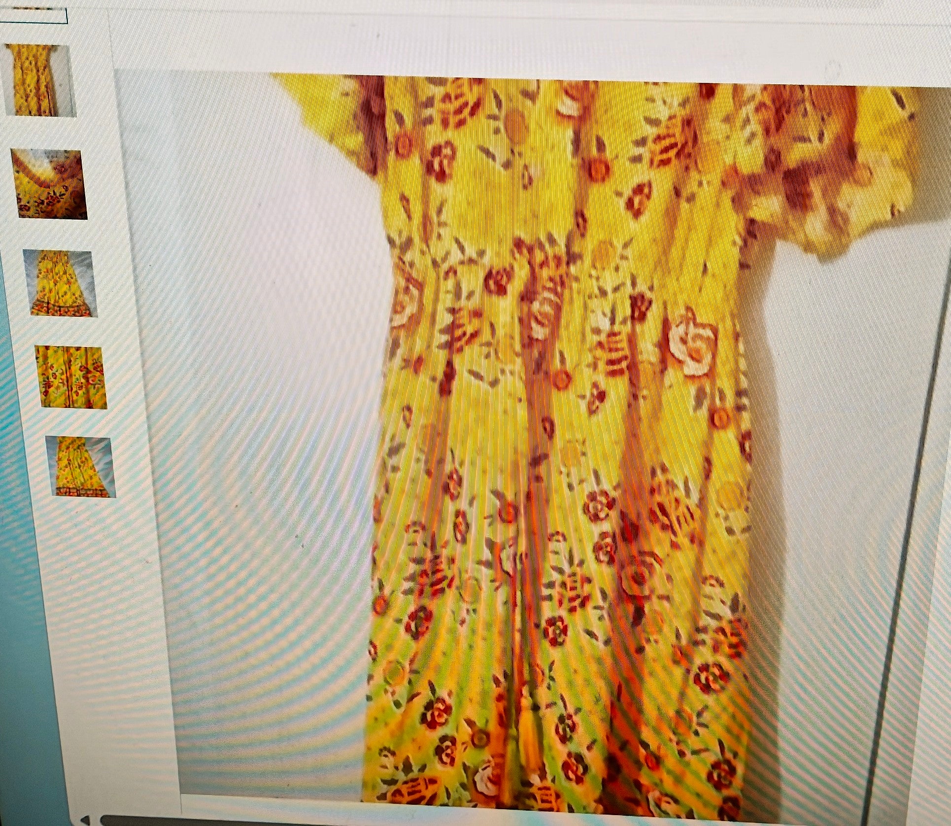 Yellow floral dress displayed on a mannequin with close-up insets on a light gray background