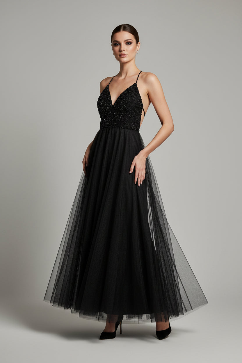 Dress Day women's formal maxi gown size S black with glitter thin strap back out