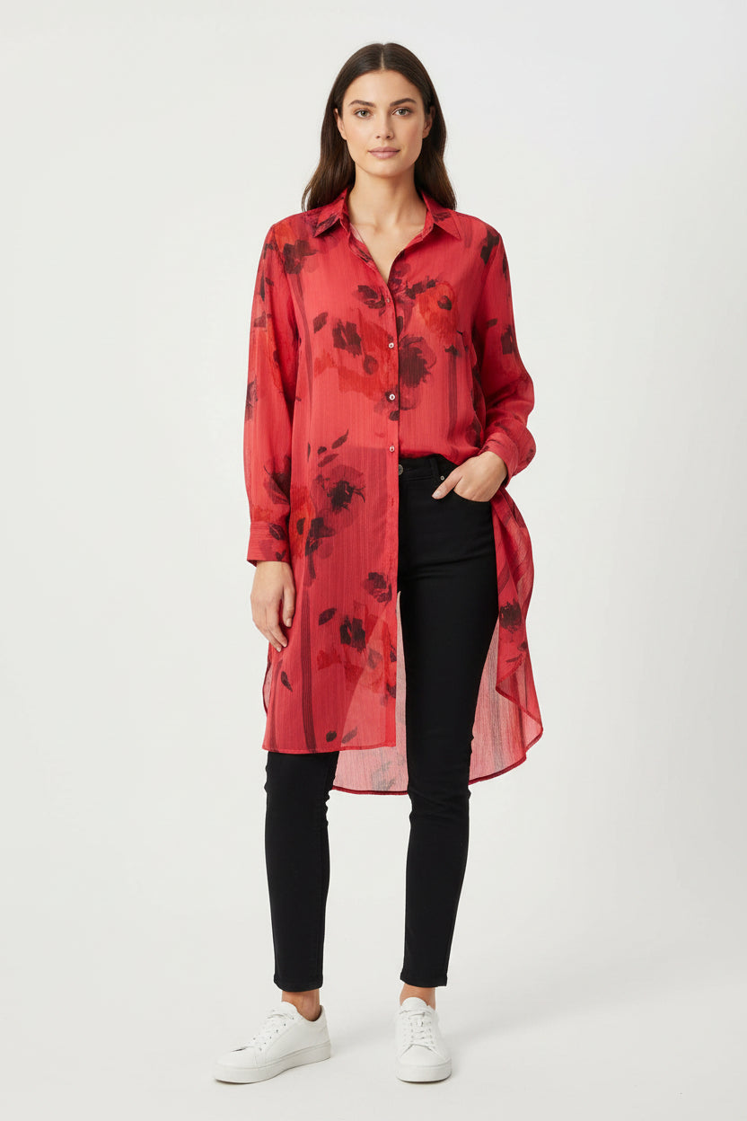 Dalin women's long bottom-up shirt size 2X red/black long sleeves 
