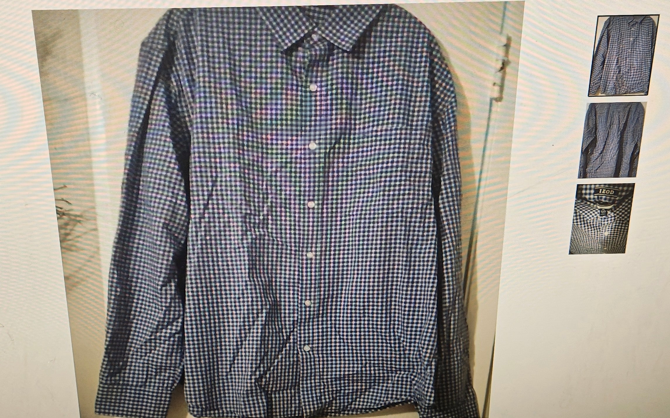 Izod men's shirt XL-17-17 1/2 36/37 blue/white checked long sleeves front pocket
