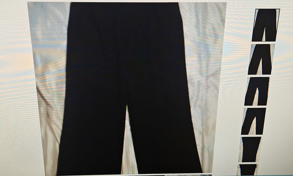Dressy men's pants with side pockets with six belt hoops button covered flap in front and zipper with clip and button closure.
