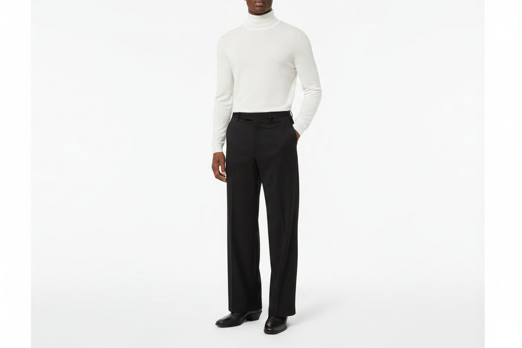 Dressy men's pants with side pockets with six belt hoops button covered flap in front and zipper with clip and button closure.

