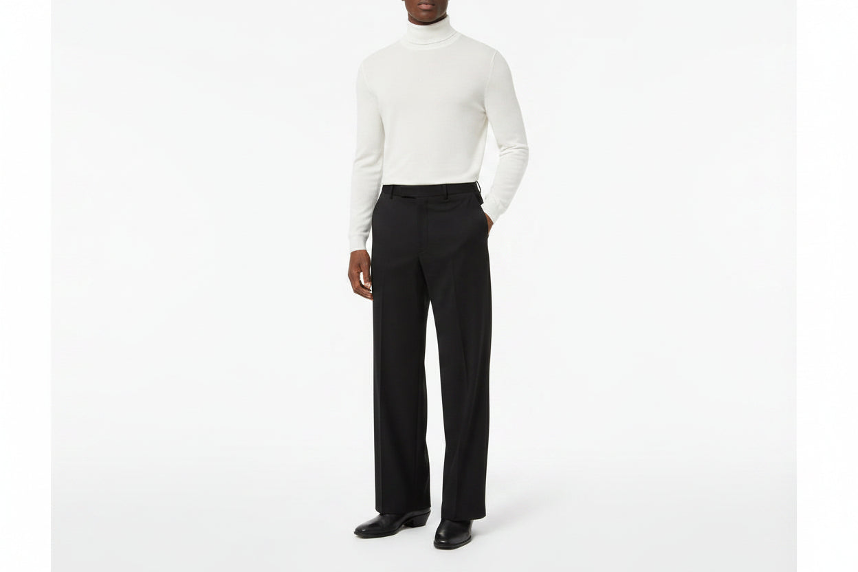 Dressy men's pants with side pockets with six belt hoops button covered flap in front and zipper with clip and button closure.
